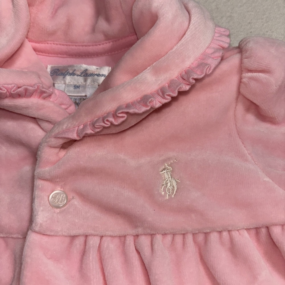 Ralph Lauren Girl 9 Months Pink Soft Velour Collar Footed One Piece Outfit EUC - Picture 2 of 5